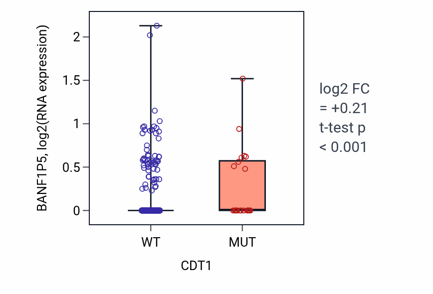 Box plot of BANF1P5 in CDT1-low vs CDT1-high samples in UCEC.
