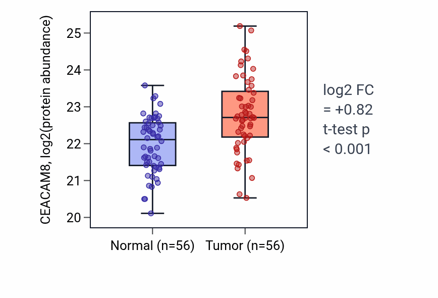 Tumor-vs-normal mass-spec protein box plot for CEACAM8 in HNSC.