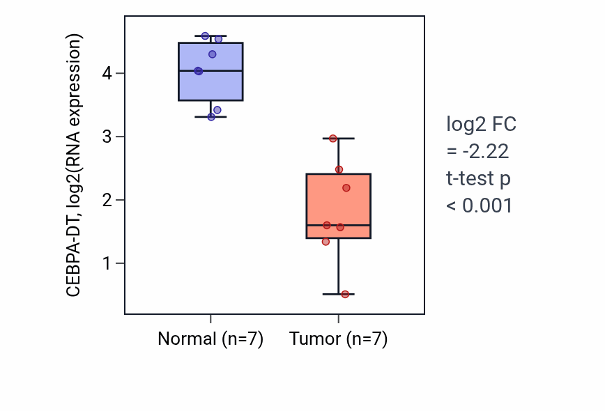 Tumor-vs-normal expression box plot for CEBPA-DT RNA in THCA.
