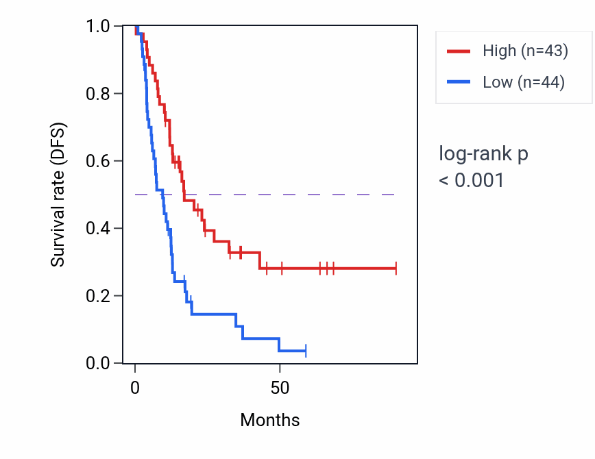 Kaplan&ndash;Meier survival curve for CEBPB-AS1 RNA expression in PAAD: high vs low expression groups.