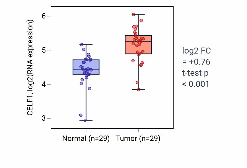 Tumor-vs-normal expression box plot for CELF1 in HNSC.