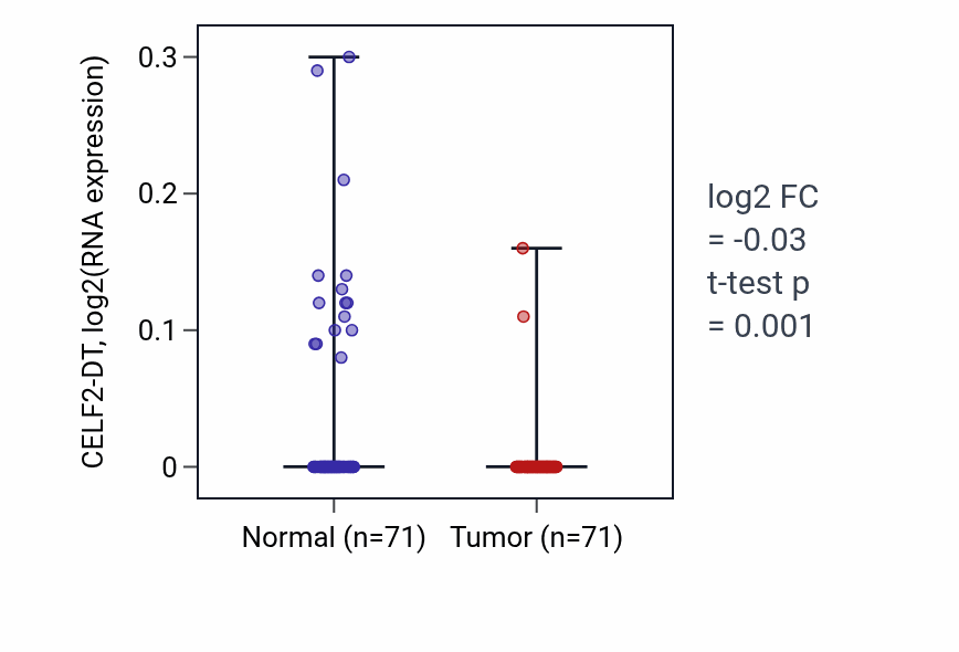 Tumor-vs-normal expression box plot for CELF2-DT in KIRC.