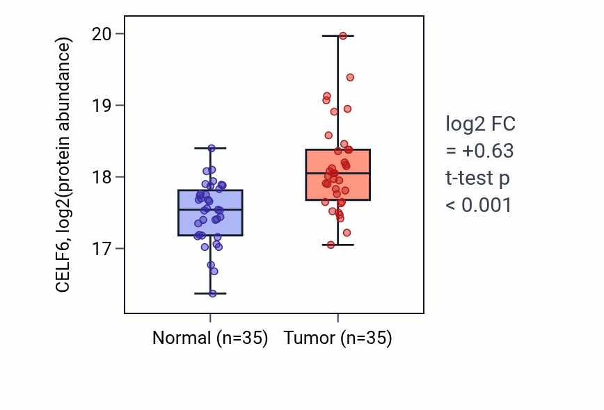 Tumor-vs-normal mass-spec protein box plot for CELF6 in LSCC.