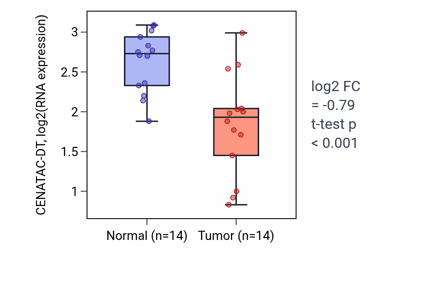Tumor-vs-normal expression box plot for CENATAC-DT in THCA.