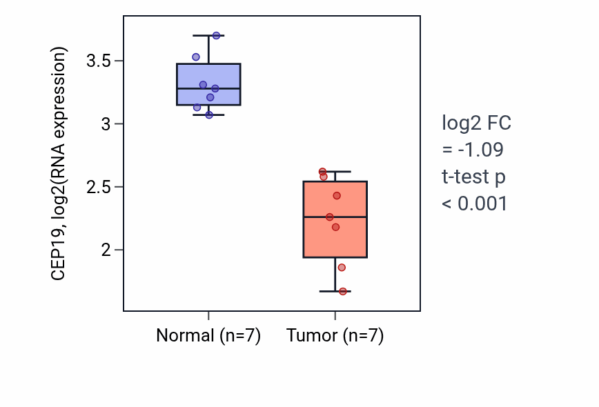 Tumor-vs-normal expression box plot for CEP19 in THCA.