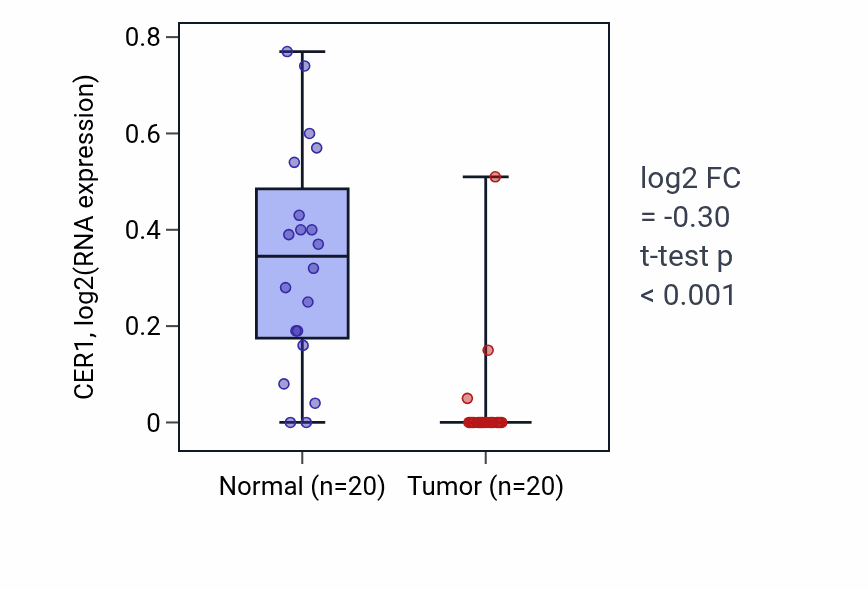 Tumor-vs-normal expression box plot for CER1 in KIRC.