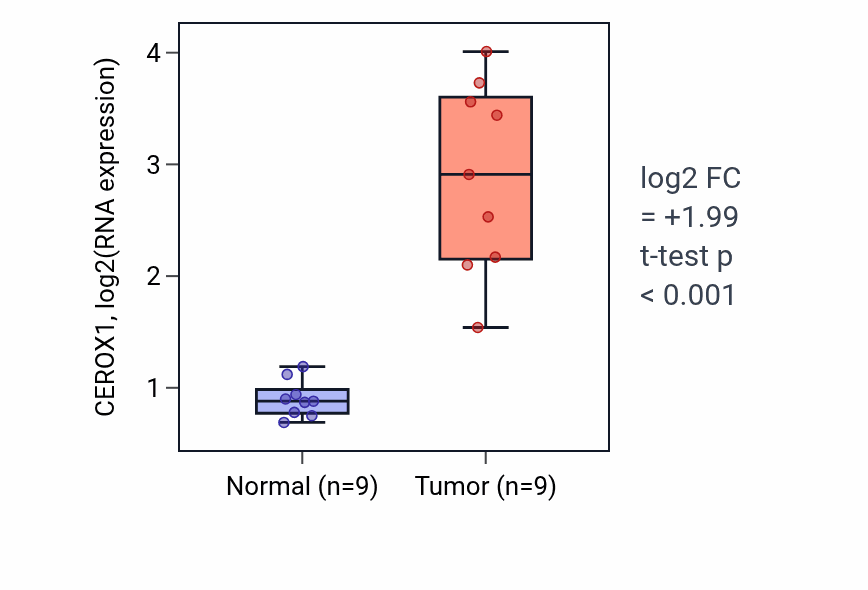 Tumor-vs-normal expression box plot for CEROX1 RNA in THCA.