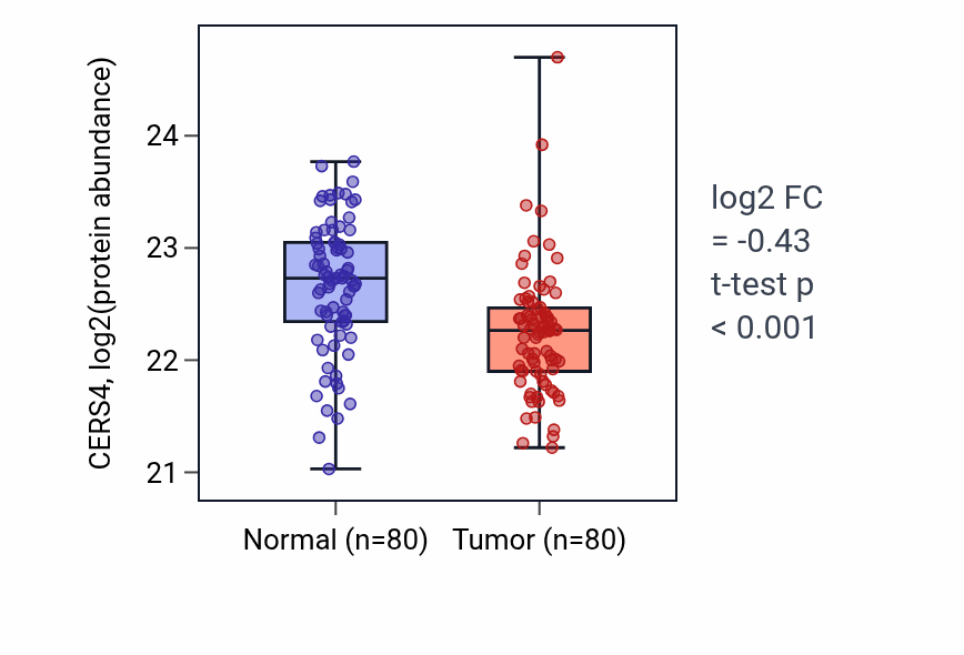 Tumor-vs-normal mass-spec protein box plot for CERS4 in CCRCC.