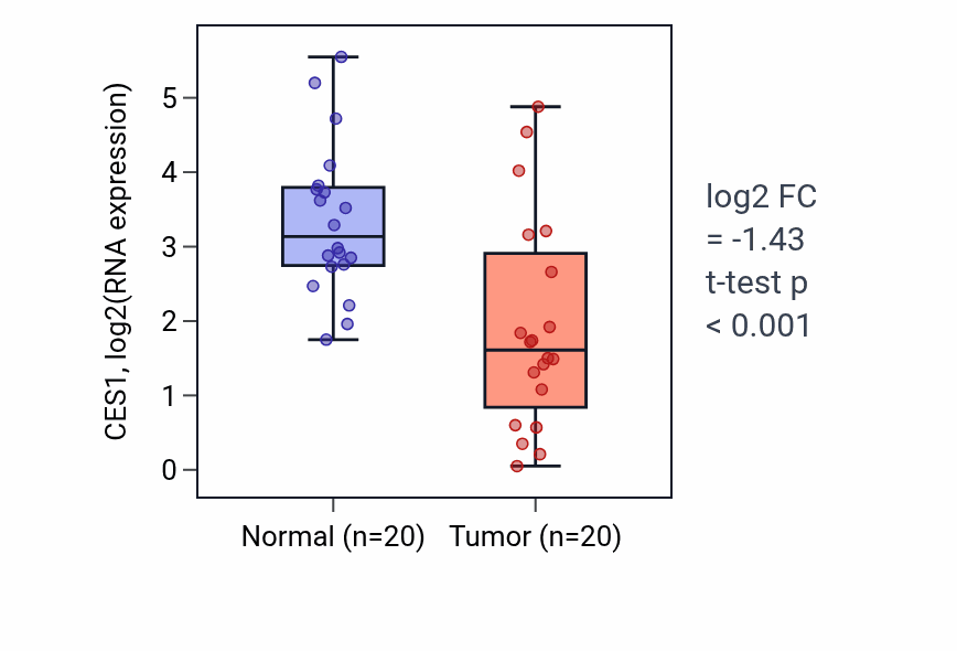 Tumor-vs-normal expression box plot for CES1 in KIRC.