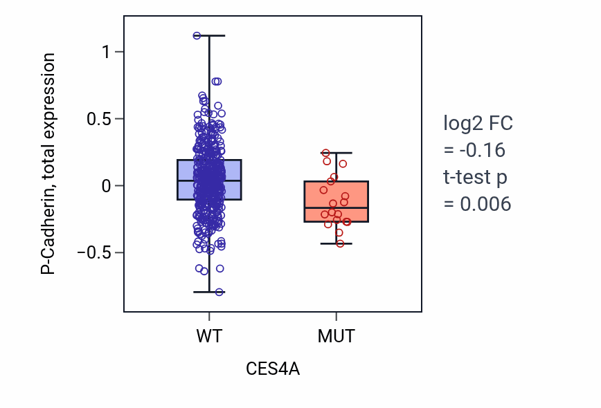 Box plot of P-Cadherin in CES4A-low vs CES4A-high samples in UCEC.