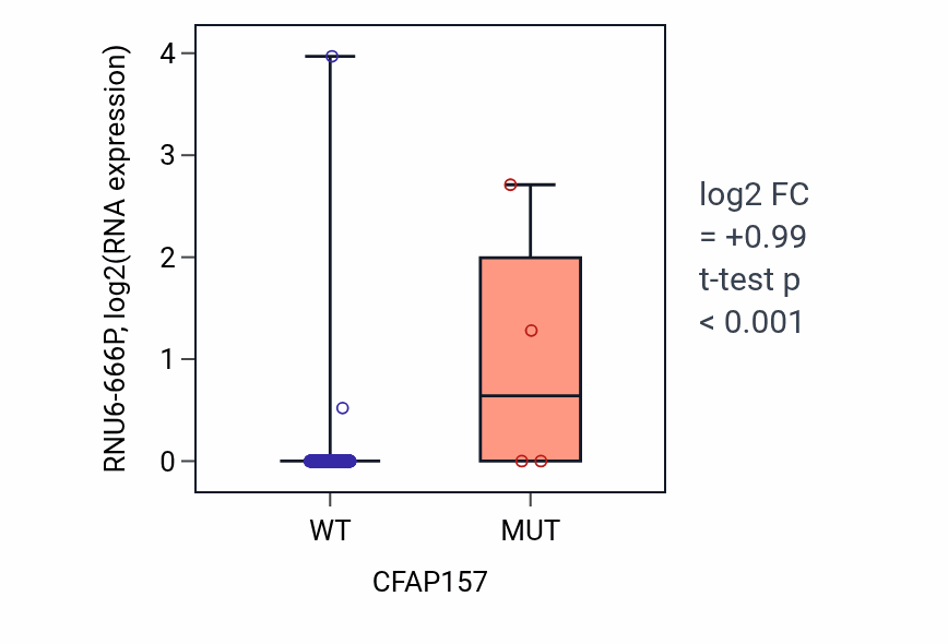 Box plot of RNU6-666P in CFAP157-low vs CFAP157-high samples in COAD.