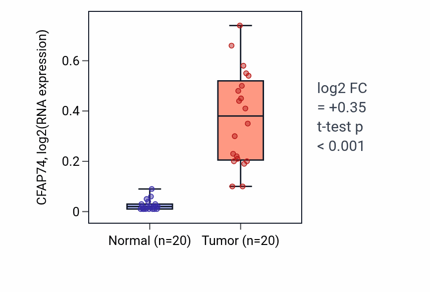 Tumor-vs-normal expression box plot for CFAP74 RNA in KIRC.