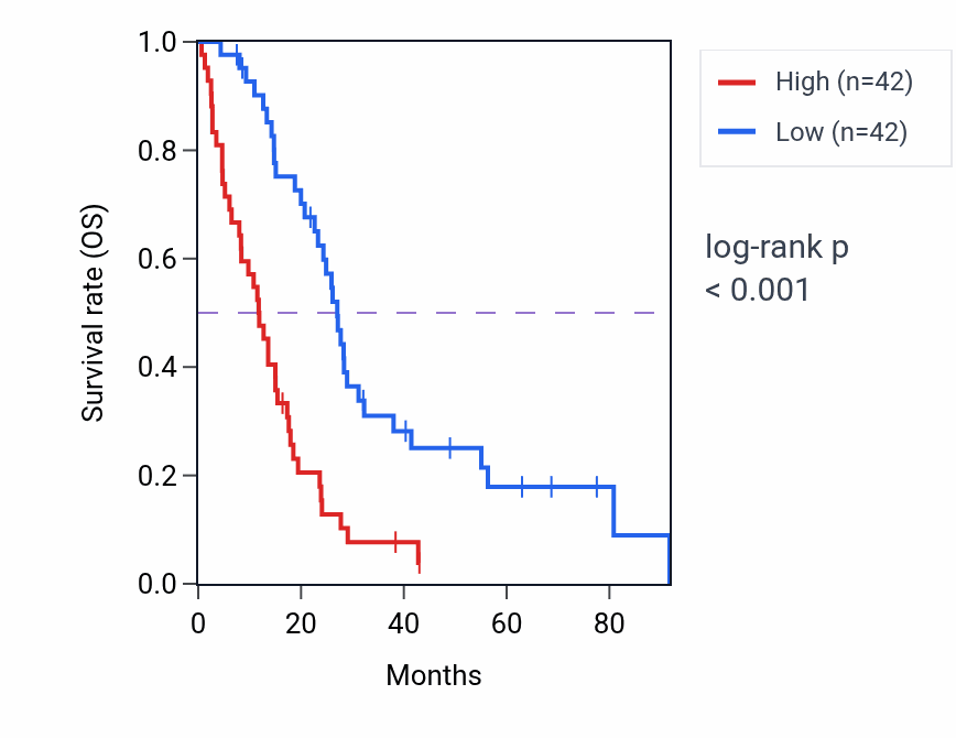 Kaplan&ndash;Meier survival curve for CHAF1A RNA expression in MESO: high vs low expression groups.