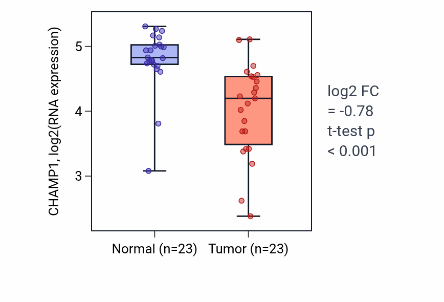 Tumor-vs-normal expression box plot for CHAMP1 in THCA.