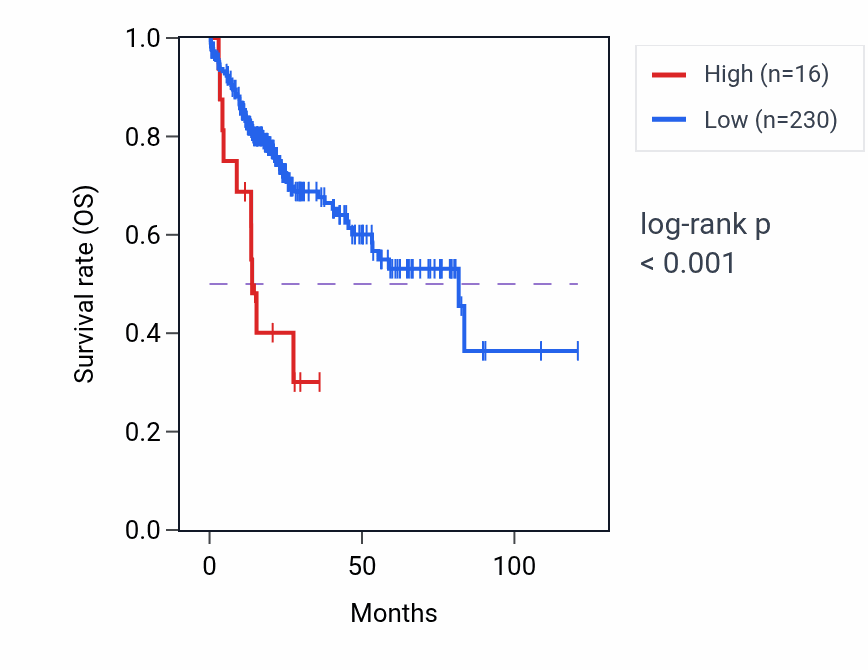 Kaplan&ndash;Meier survival curve for CHCHD2P3 RNA expression in LIHC: high vs low expression groups.
