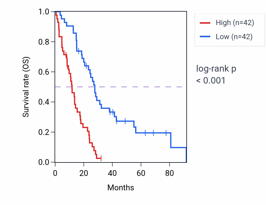Kaplan&ndash;Meier survival curve for CHEK1 RNA expression in MESO: high vs low expression groups.