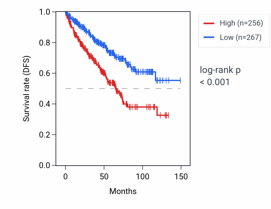 Kaplan&ndash;Meier survival curve for CHEK2 RNA expression in KIRC: high vs low expression groups.