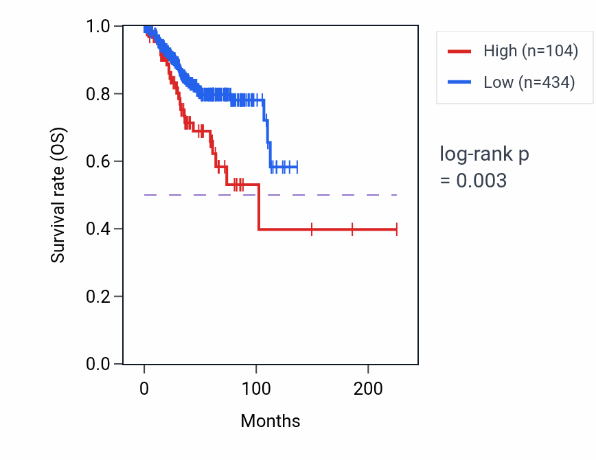 Kaplan&ndash;Meier survival curve for CHN2-AS1 RNA expression in UCEC: high vs low expression groups.