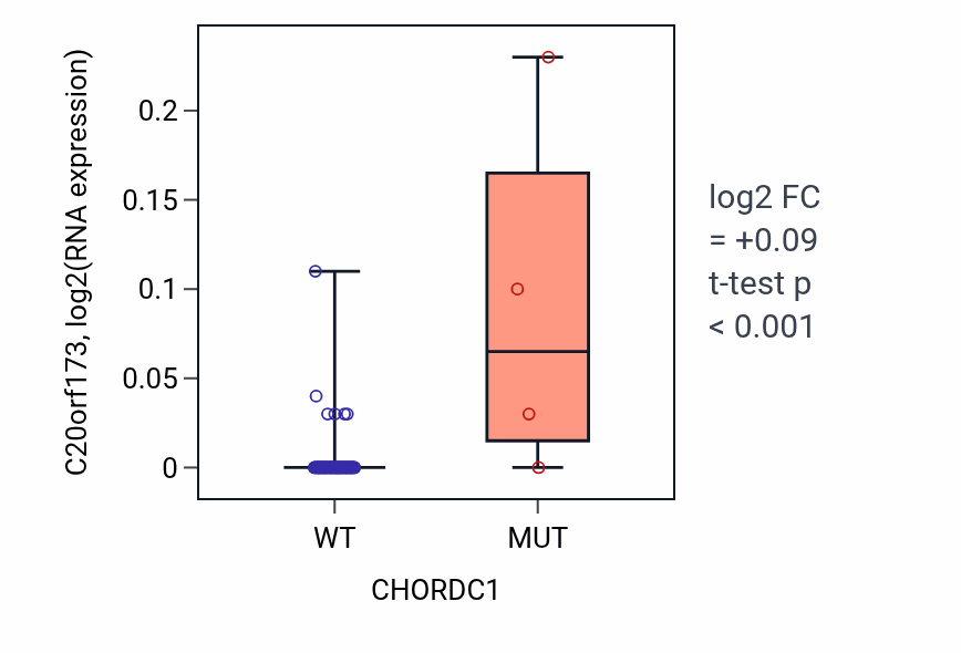 Box plot of C20orf173 in CHORDC1-low vs CHORDC1-high samples in BLOOD_Lymphoma.