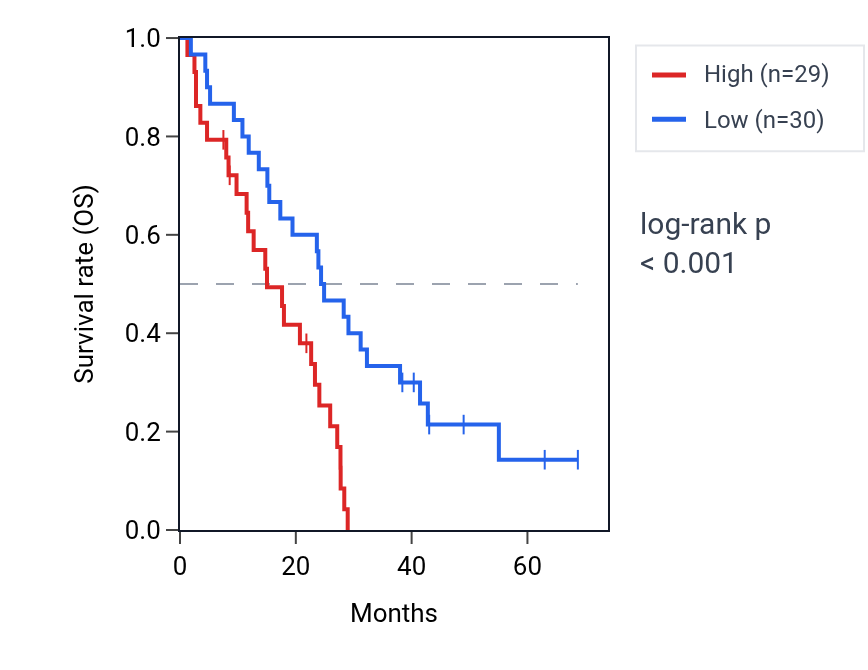 Kaplan&ndash;Meier survival curve for CHP1P2 RNA expression in MESO: high vs low expression groups.
