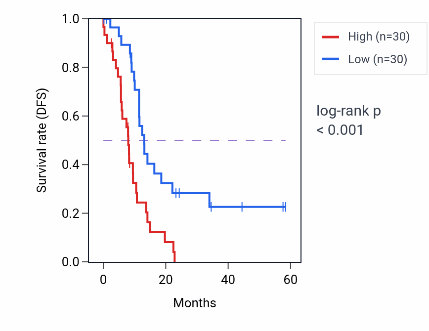 Kaplan&ndash;Meier survival curve for CHPF2 mass-spec protein-high vs -low samples in PDAC.