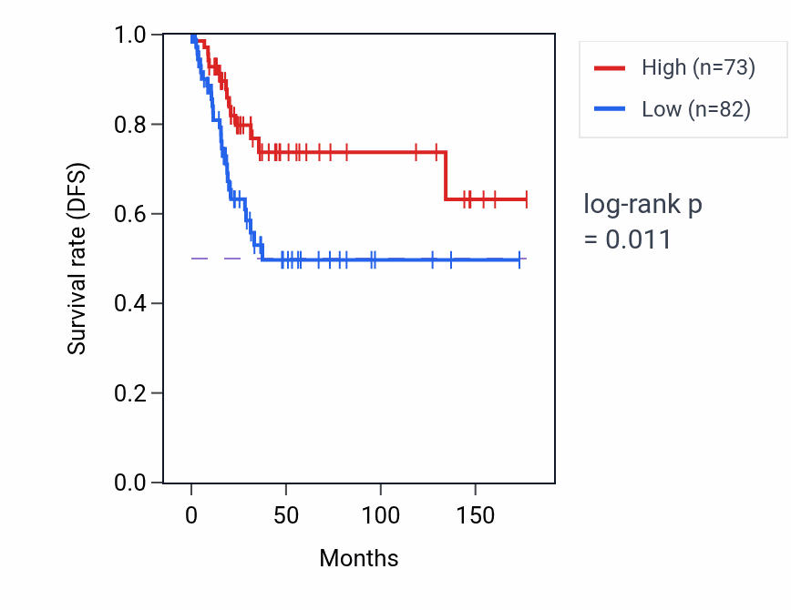Kaplan&ndash;Meier survival curve for CIAPIN1P RNA-high vs -low samples in CESC.