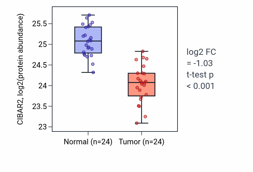 Tumor-vs-normal mass-spec protein box plot for CIBAR2 in COAD.