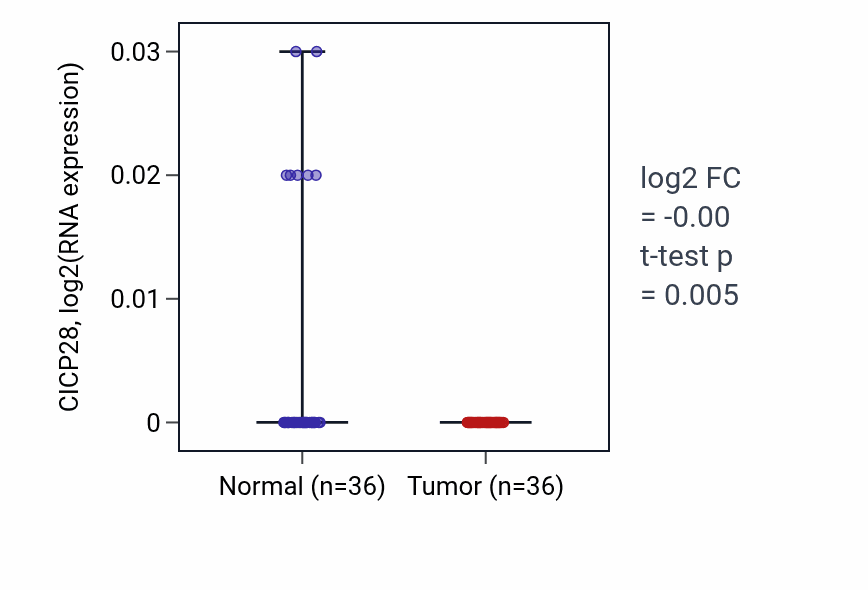 Tumor-vs-normal expression box plot for CICP28 in KIRC.