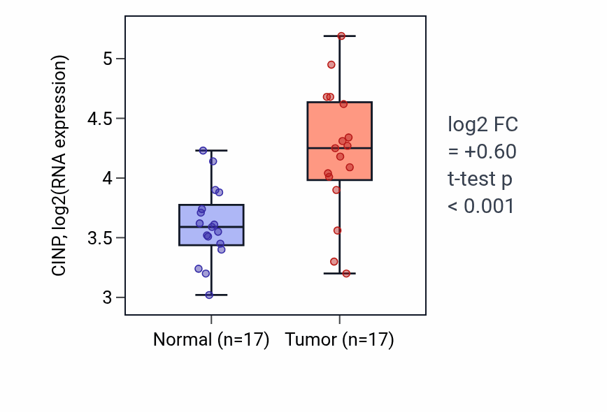 Tumor-vs-normal expression box plot for CINP in HNSC.