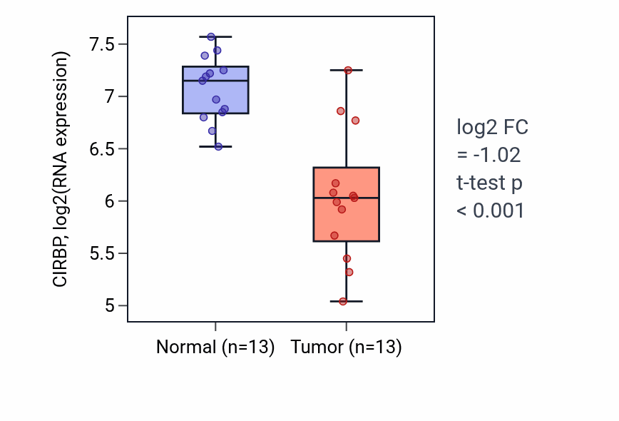 Tumor-vs-normal expression box plot for CIRBP in LUAD.