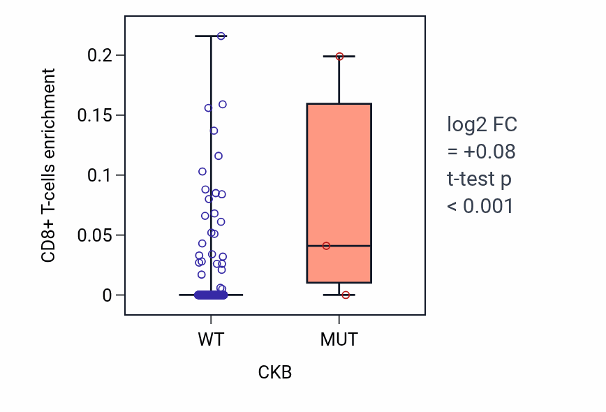 Box plot of CD8+ T-cells in CKB-low vs CKB-high samples in HNSC.
