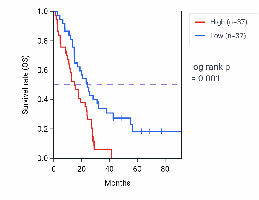 Kaplan&ndash;Meier survival curve for CKLF-CMTM1 RNA expression in MESO: high vs low expression groups.