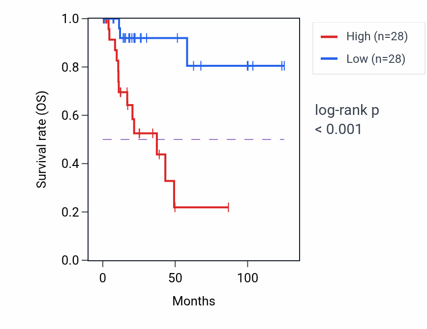 Kaplan&ndash;Meier survival curve for CKMT2 RNA expression in KIRP: high vs low expression groups.