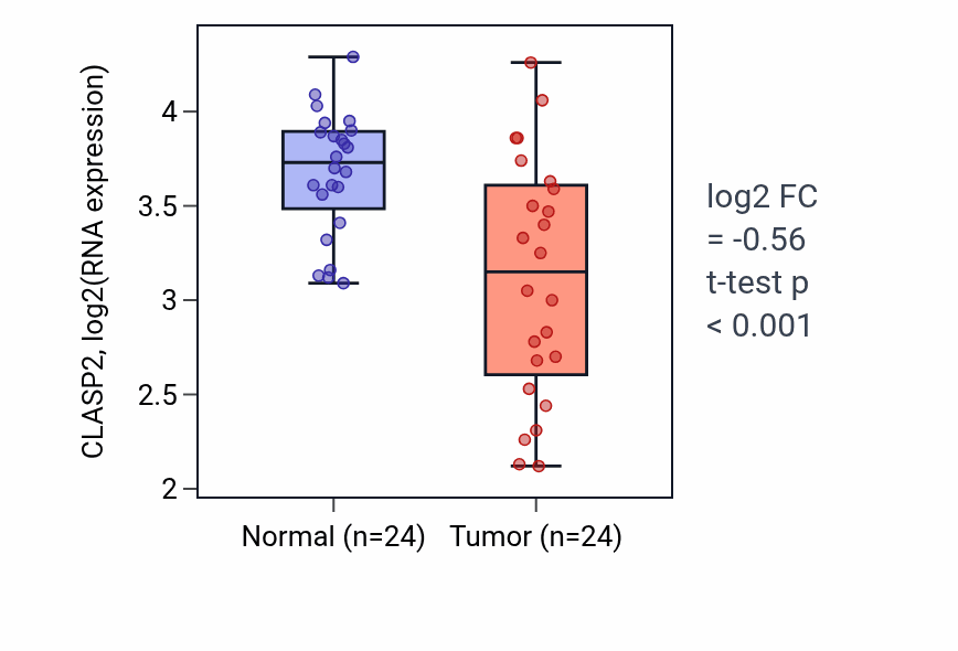 Tumor-vs-normal expression box plot for CLASP2 in KIRC.