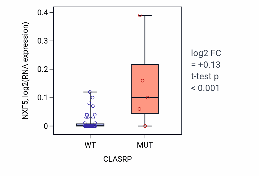 Box plot of NXF5 in CLASRP-low vs CLASRP-high samples in LUNG_SCLC.
