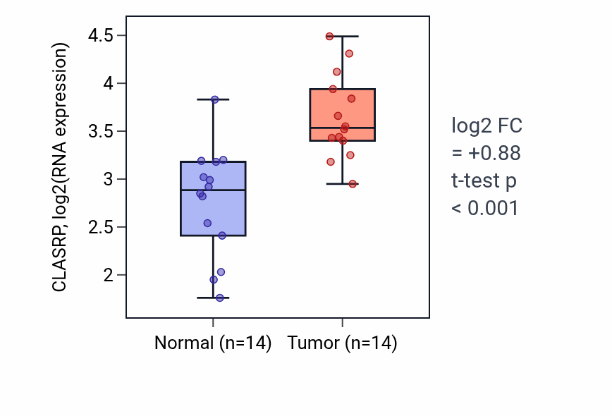 Tumor-vs-normal expression box plot for CLASRP in KIRC.