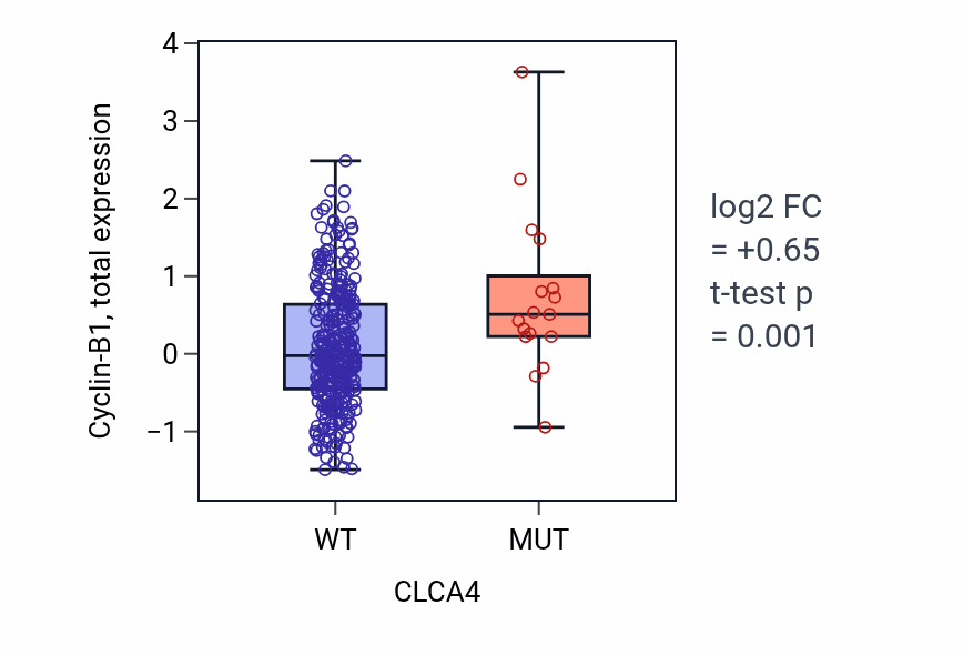 Box plot of Cyclin-B1 in CLCA4-low vs CLCA4-high samples in LUAD.