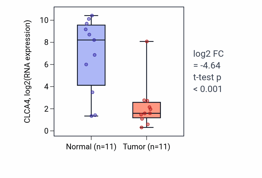 Tumor-vs-normal expression box plot for CLCA4 in HNSC.