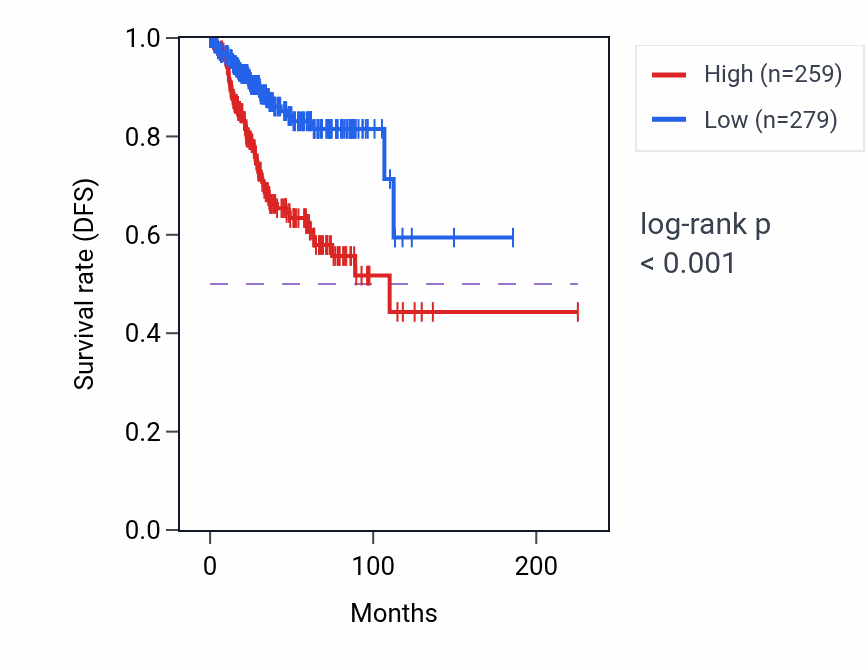 Kaplan&ndash;Meier survival curve for CLCN3P1 RNA expression in UCEC: high vs low expression groups.
