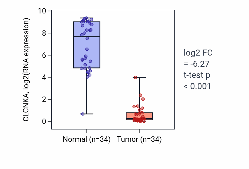Tumor-vs-normal expression box plot for CLCNKA in KIRC.