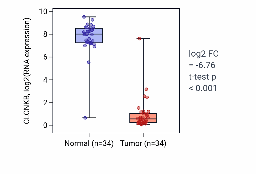 Tumor-vs-normal expression box plot for CLCNKB in KIRC.