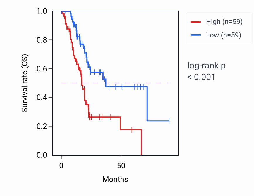 Kaplan&ndash;Meier survival curve for CLDN1 RNA expression in PAAD: high vs low expression groups.