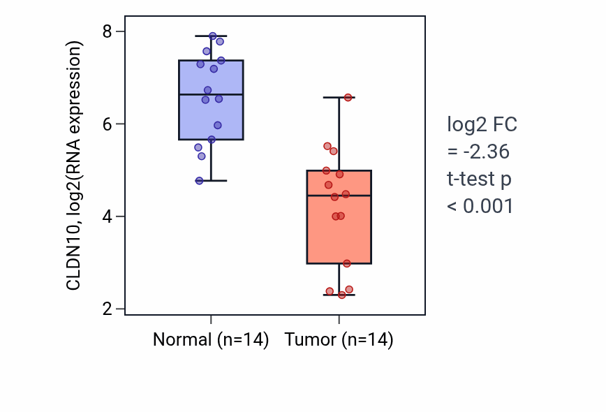Tumor-vs-normal expression box plot for CLDN10 in KIRC.
