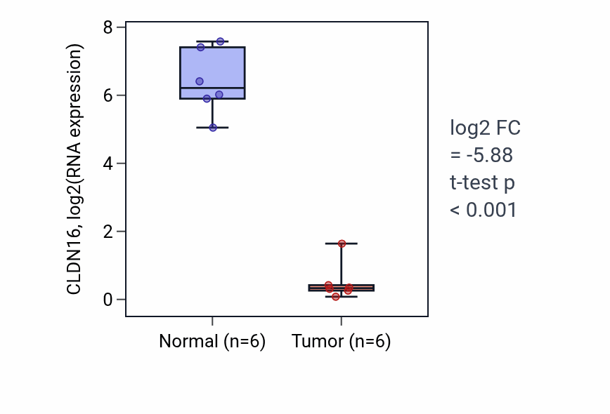 Tumor-vs-normal expression box plot for CLDN16 in KIRC.