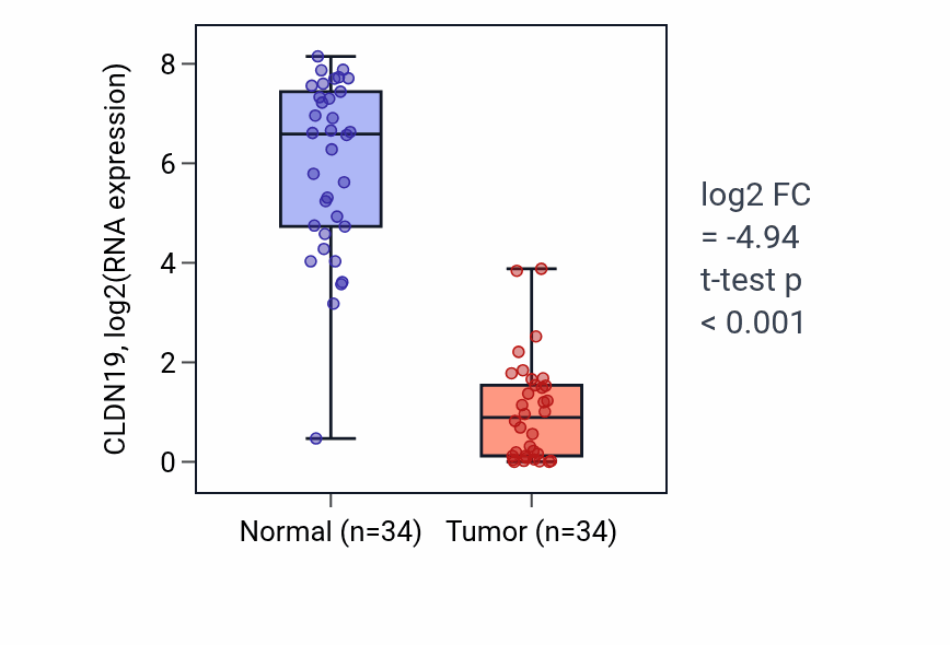 Tumor-vs-normal expression box plot for CLDN19 in KIRC.