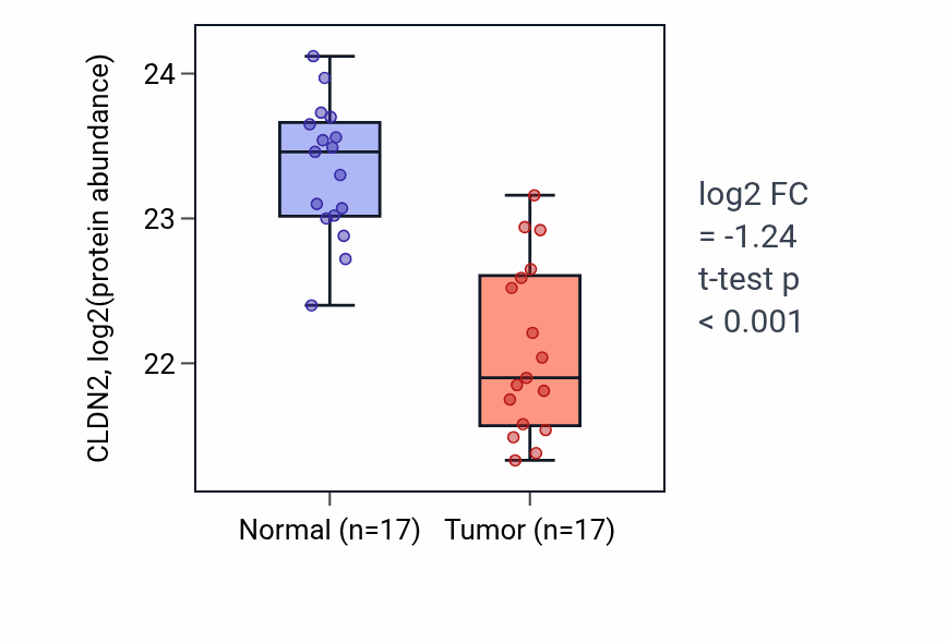 Tumor-vs-normal mass-spec protein box plot for CLDN2 in CCRCC.