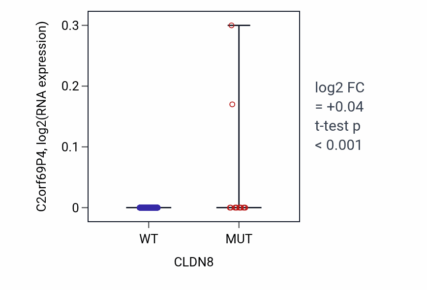 Box plot of C2orf69P4 in CLDN8-low vs CLDN8-high samples in COAD.