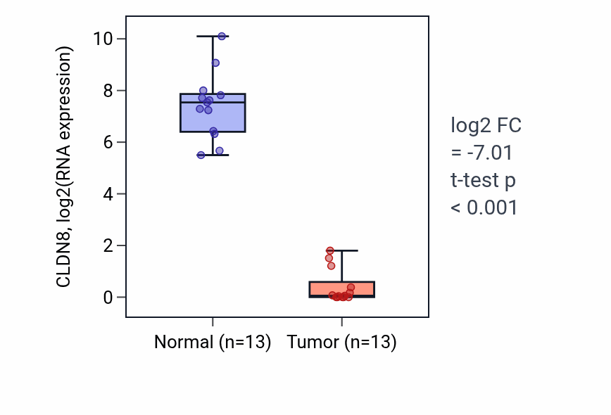 Tumor-vs-normal expression box plot for CLDN8 in KIRC.