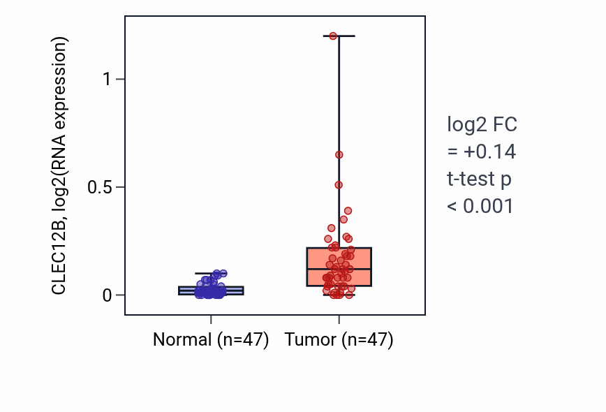 Tumor-vs-normal expression box plot for CLEC12B in KIRC.