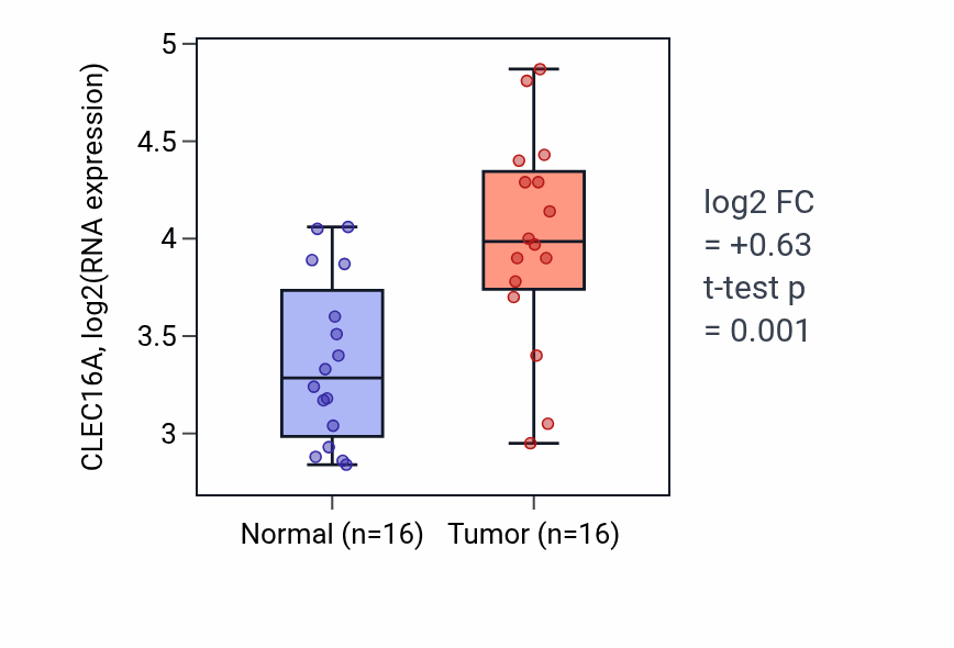 Tumor-vs-normal expression box plot for CLEC16A RNA in KIRP.